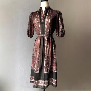 Vintage 70s Paisley Chiffon Midi Dress | Burgundy & Black | S–M